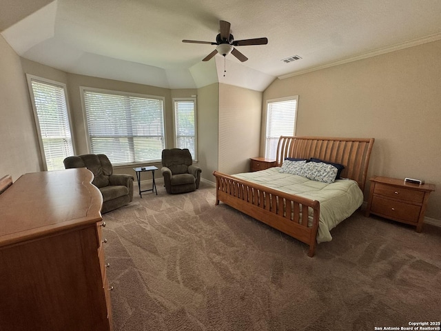9035 Monument Parke, San Antonio, TX 78254 - bedroom with vaulted ceiling, baseboards, visible vents, carpet, and ceiling fan