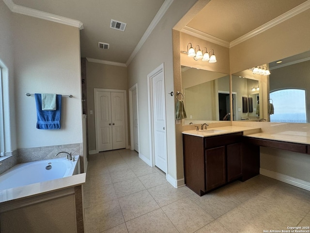 9035 Monument Parke, San Antonio, TX 78254 - full bath featuring a garden tub, visible vents, crown molding, and vanity