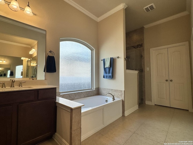 9035 Monument Parke, San Antonio, TX 78254 - full bathroom featuring a shower stall, tile patterned floors, visible vents, ornamental molding, and a bath