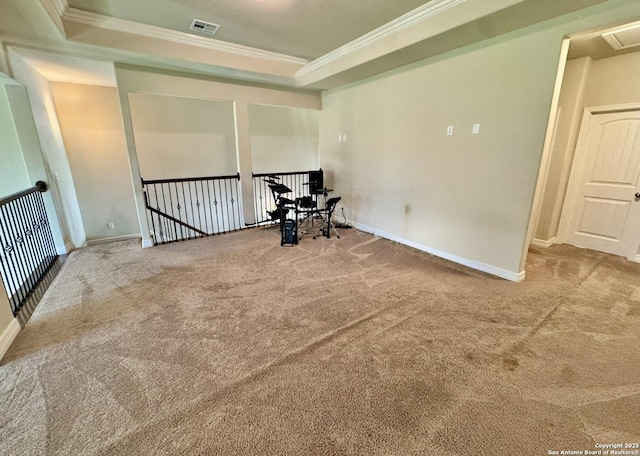 9035 Monument Parke, San Antonio, TX 78254 - spare room with carpet, a tray ceiling, visible vents, ornamental molding, and baseboards