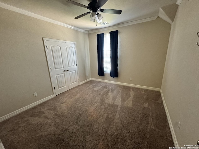 9035 Monument Parke, San Antonio, TX 78254 - unfurnished bedroom featuring ceiling fan, baseboards, crown molding, and carpet flooring