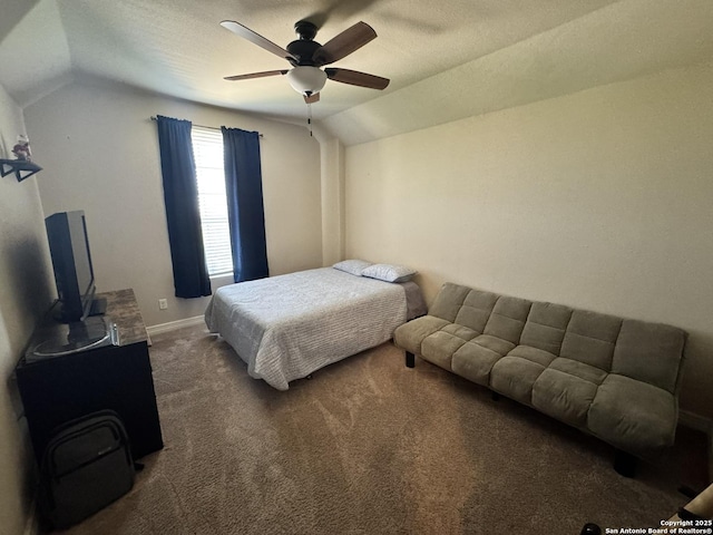 9035 Monument Parke, San Antonio, TX 78254 - bedroom featuring ceiling fan, vaulted ceiling, baseboards, and carpet