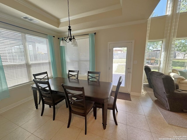 9035 Monument Parke, San Antonio, TX 78254 - dining room with light tile patterned floors, ornamental molding, visible vents, and plenty of natural light