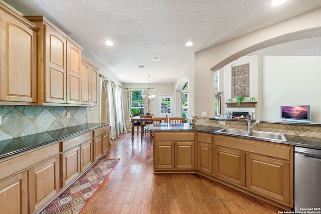 3329 Navasota Cir, San Antonio, TX 78259 - kitchen featuring dishwasher, recessed lighting, dark countertops, a lit fireplace, and light wood finished floors