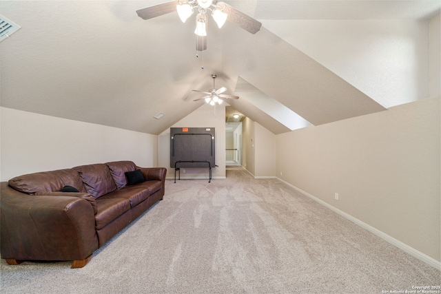 3329 Navasota Cir, San Antonio, TX 78259 - living room with a ceiling fan, light carpet, and lofted ceiling