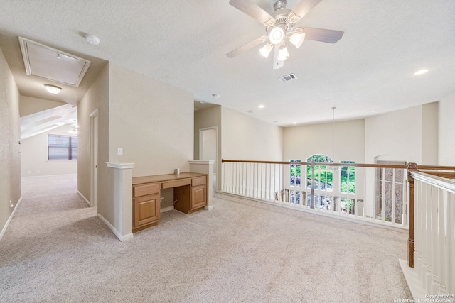 3329 Navasota Cir, San Antonio, TX 78259 - hall featuring light carpet, attic access, an office area, recessed lighting, and lofted ceiling