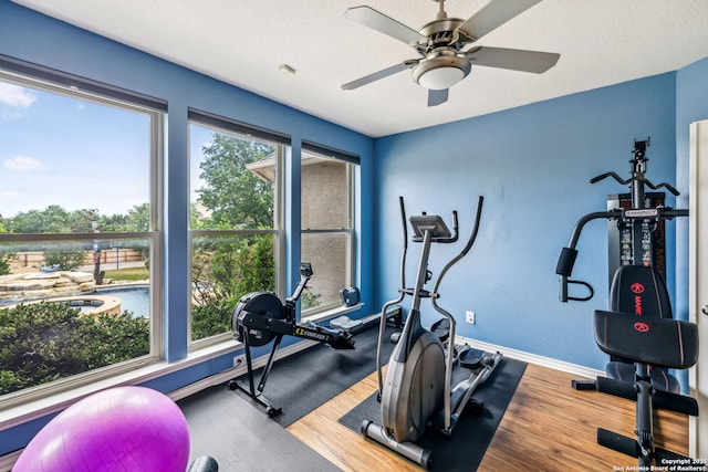 exercise room with wood finished floors, a ceiling fan, and baseboards