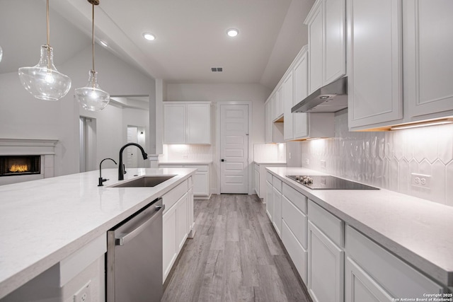 kitchen featuring under cabinet range hood, dishwasher, a sink, black electric stovetop, and tasteful backsplash