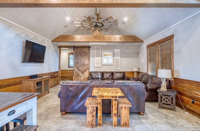 living area featuring wooden ceiling, lofted ceiling, a wainscoted wall, and wooden walls