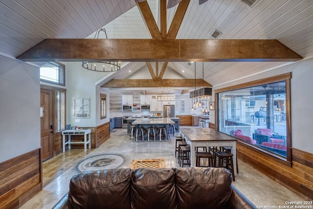 living area featuring beamed ceiling, wooden walls, wainscoting, and a notable chandelier
