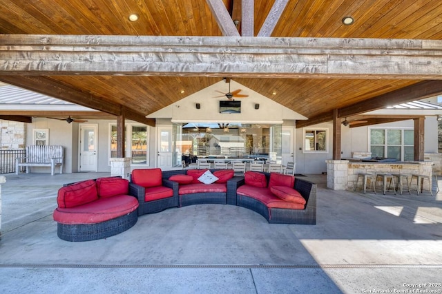 67 Stepping Stone, Concan, TX 78838 - view of patio / terrace with outdoor lounge area, outdoor wet bar, and ceiling fan