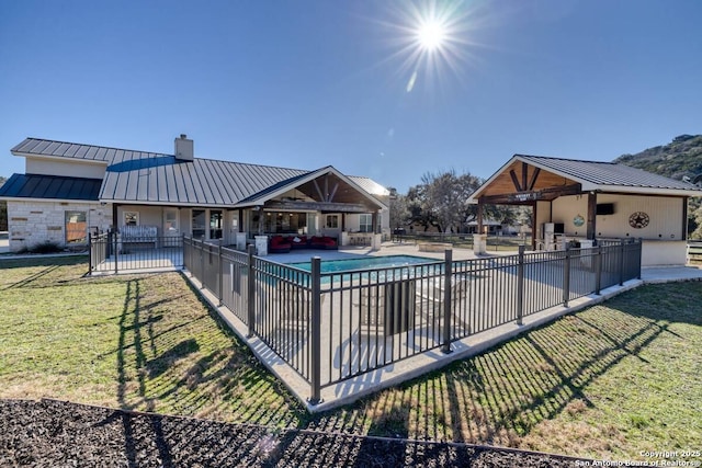 67 Stepping Stone, Concan, TX 78838 - pool featuring an outdoor living space, a patio area, fence, and a yard