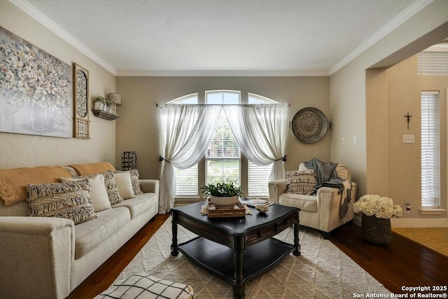 living room with crown molding and wood finished floors