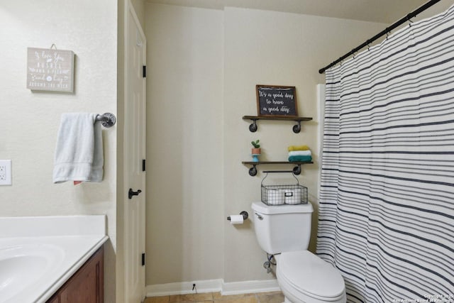full bathroom with vanity, curtained shower, baseboards, toilet, and tile patterned flooring