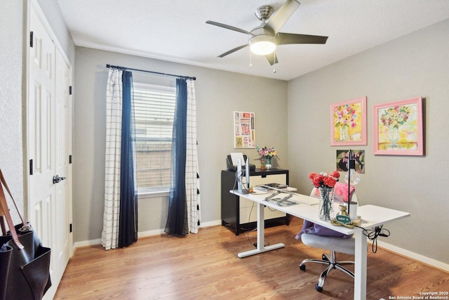 home office with light wood finished floors, baseboards, and ceiling fan