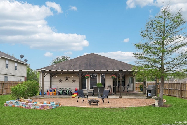 back of property with a fenced backyard, a pergola, a patio area, a lawn, and an outdoor fire pit