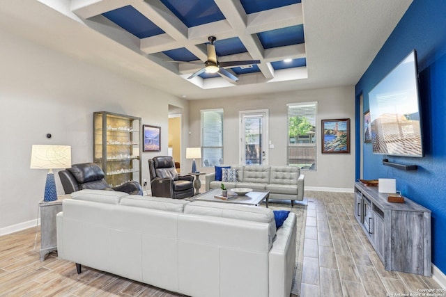living room with baseboards, wood tiled floor, coffered ceiling, and ceiling fan