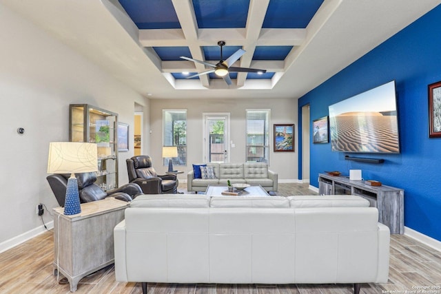 living room with baseboards, light wood-style floors, coffered ceiling, and ceiling fan