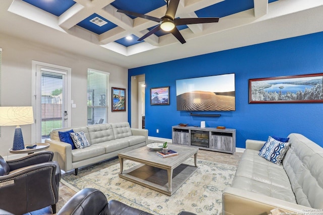 living room with ceiling fan, baseboards, visible vents, and coffered ceiling
