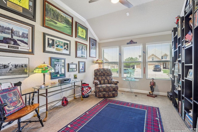 living area with a ceiling fan, lofted ceiling, crown molding, and carpet floors