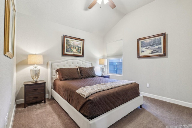 carpeted bedroom featuring vaulted ceiling, baseboards, and ceiling fan