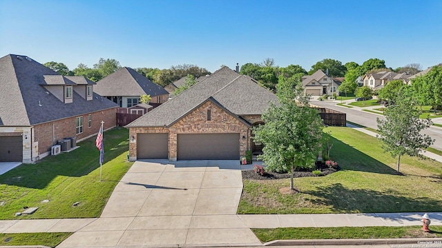 traditional-style home featuring a residential view, roof with shingles, driveway, brick siding, and a garage