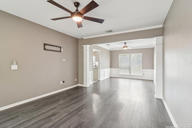24915 Flying Arrow, San Antonio, TX 78258 - empty room featuring dark wood-style floors, decorative columns, visible vents, a ceiling fan, and ornamental molding