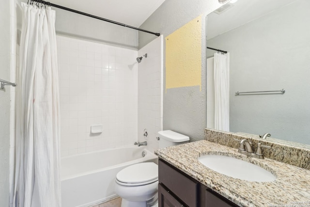 24915 Flying Arrow, San Antonio, TX 78258 - full bath featuring shower / bathtub combination with curtain, a textured wall, visible vents, toilet, and vanity