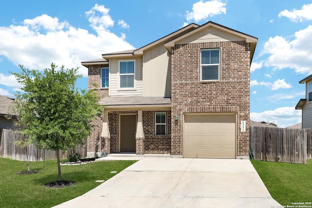 6551 Legato, San Antonio, TX 78252 - view of front facade with board and batten siding, brick siding, a front yard, and fence