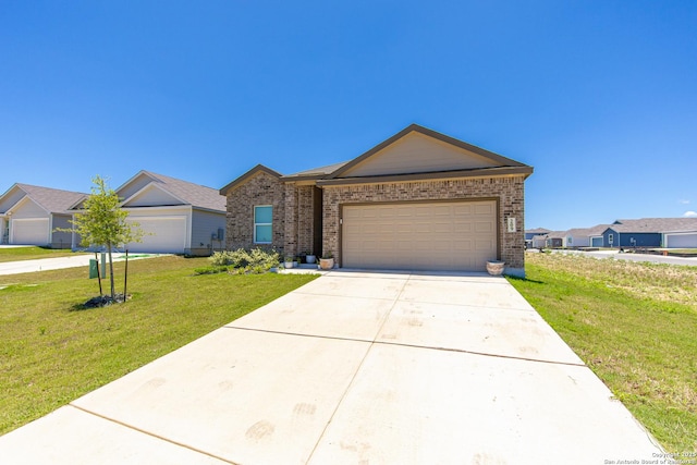 209 Wolf Crst, Seguin, TX 78155 - ranch-style house with a front lawn, brick siding, an attached garage, and concrete driveway