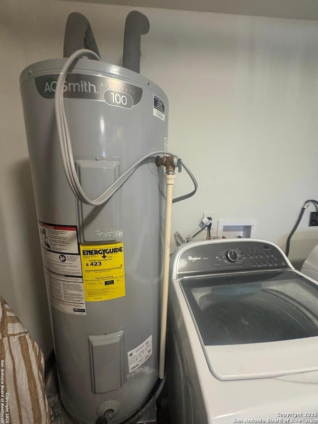 washroom with electric water heater, laundry area, and washer / clothes dryer