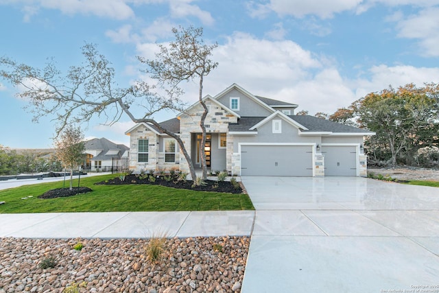 310 Vamanos, Boerne, TX 78006 - craftsman-style home with concrete driveway, a front lawn, stone siding, an attached garage, and stucco siding