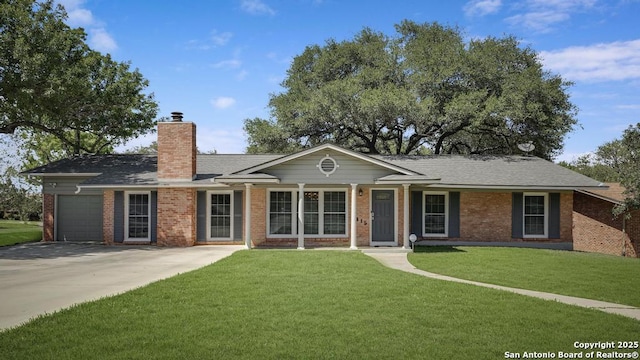 1815 Edgehill Dr, San Antonio, TX 78209 - ranch-style house with a chimney, a front lawn, concrete driveway, an attached garage, and brick siding