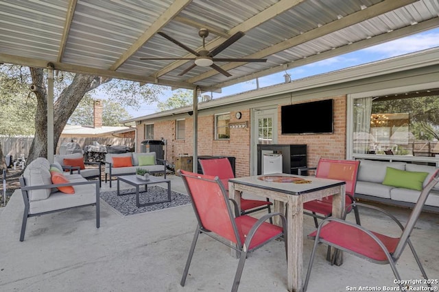 1815 Edgehill Dr, San Antonio, TX 78209 - view of patio / terrace featuring outdoor dining area, outdoor lounge area, fence, and ceiling fan