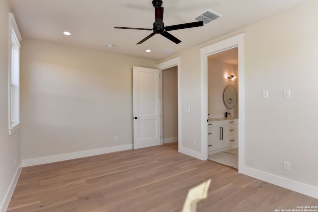 unfurnished bedroom with baseboards, recessed lighting, visible vents, and light wood-style flooring