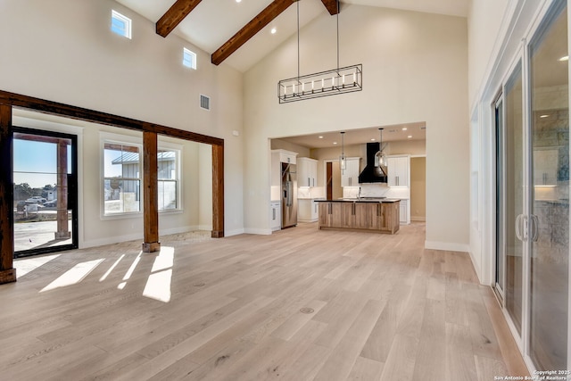 unfurnished living room with high vaulted ceiling, light wood-style flooring, baseboards, beam ceiling, and visible vents