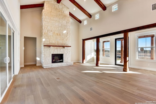 unfurnished living room with beam ceiling, visible vents, high vaulted ceiling, and light wood-style floors
