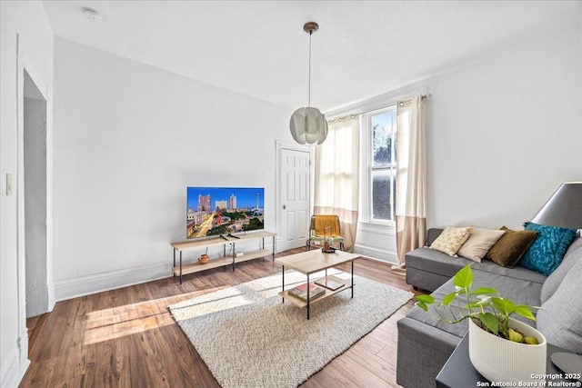 living area featuring baseboards and wood finished floors