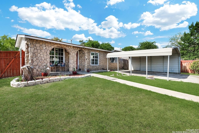 ranch-style home with a carport, a front lawn, fence, and stone siding