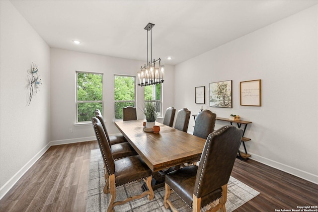 110 Madrone Trl, Boerne, TX 78006 - dining space featuring wood finished floors, baseboards, recessed lighting, and a notable chandelier