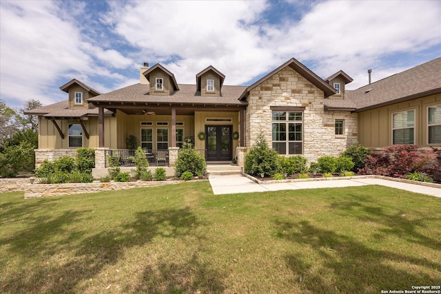 110 Madrone Trl, Boerne, TX 78006 - craftsman inspired home with board and batten siding, stone siding, a front lawn, and a chimney