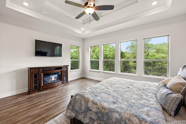 110 Madrone Trl, Boerne, TX 78006 - bedroom with a raised ceiling, baseboards, recessed lighting, wood finished floors, and ornamental molding