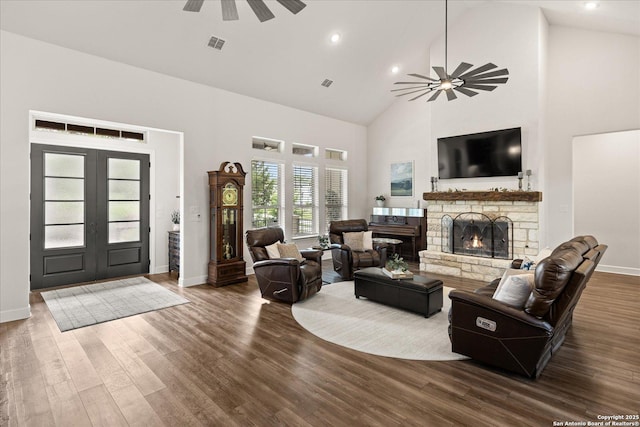 110 Madrone Trl, Boerne, TX 78006 - living area featuring visible vents, a ceiling fan, high vaulted ceiling, and dark wood-style flooring