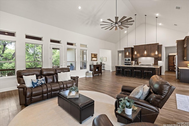 110 Madrone Trl, Boerne, TX 78006 - living area with high vaulted ceiling, baseboards, wood finished floors, and visible vents