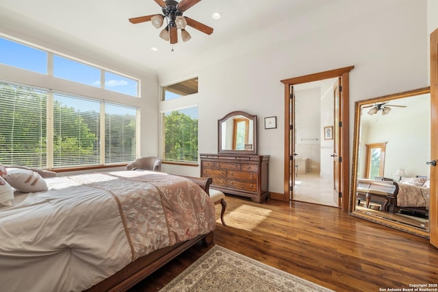4001 Bell Springs Rd, Dripping Springs, TX 78620 - bedroom featuring hardwood / wood-style flooring, a towering ceiling, recessed lighting, and a ceiling fan