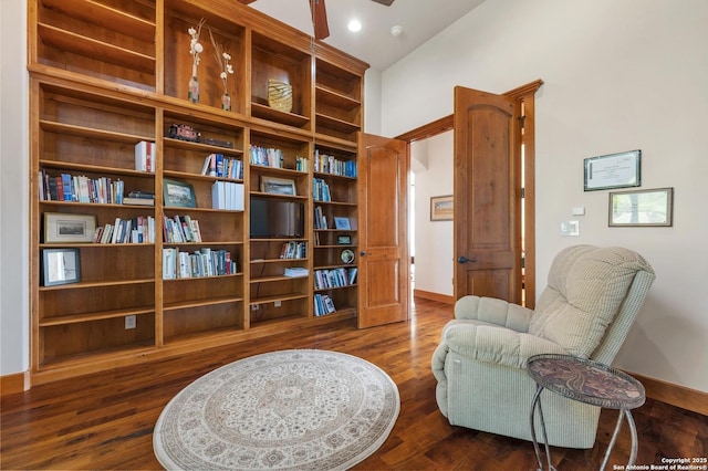 4001 Bell Springs Rd, Dripping Springs, TX 78620 - sitting room featuring wood finished floors, a ceiling fan, and baseboards