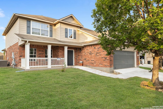 810 Eight Iron, San Antonio, TX 78221 - view of front of house with concrete driveway, a porch, brick siding, a front yard, and a garage