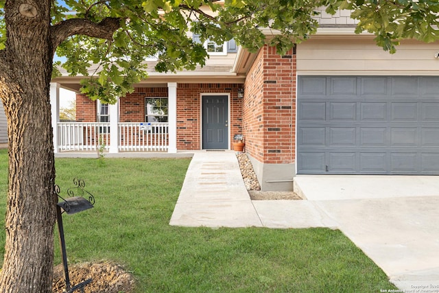 810 Eight Iron, San Antonio, TX 78221 - doorway to property featuring driveway, covered porch, an attached garage, a yard, and brick siding