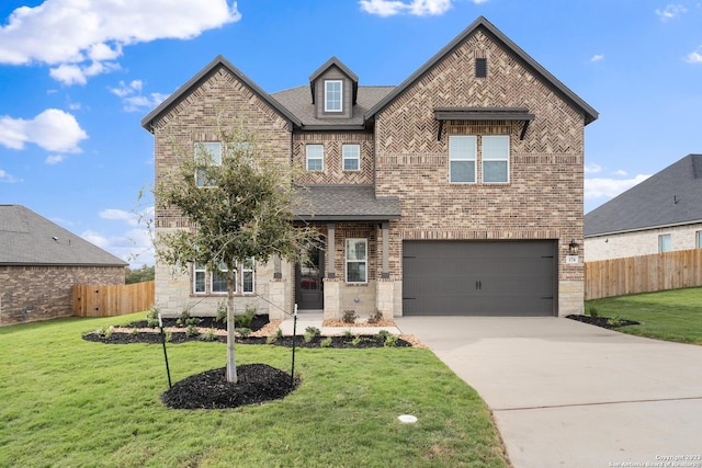 view of front of property with brick siding, a front lawn, a garage, and fence