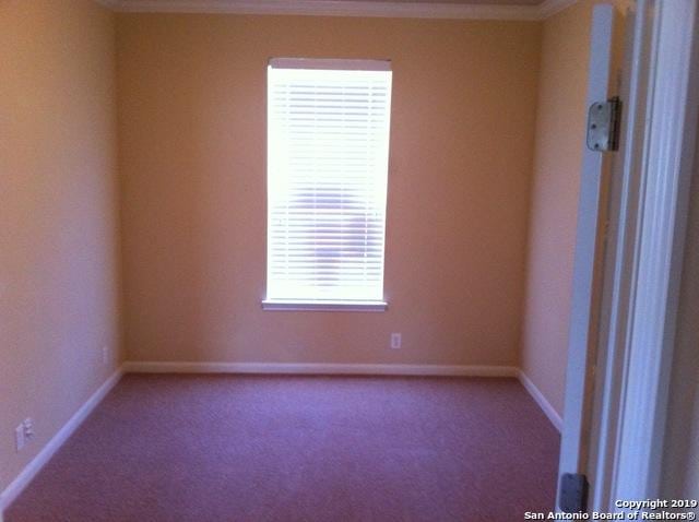 empty room with baseboards, carpet floors, and crown molding